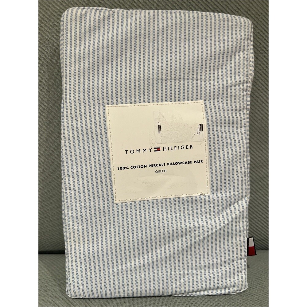 Tommy Hilfiger Queen Pillowcases Pair Ithaca Stripe Blue Cotton Percale 20x30”